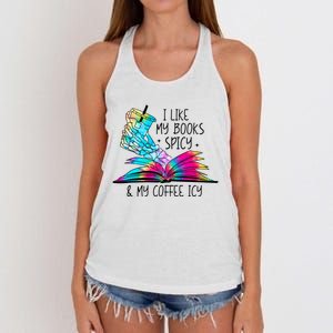 I Like My Books Spicy And My Coffee Icy Skeleton Hand Book Lover Women's Knotted Racerback Tank