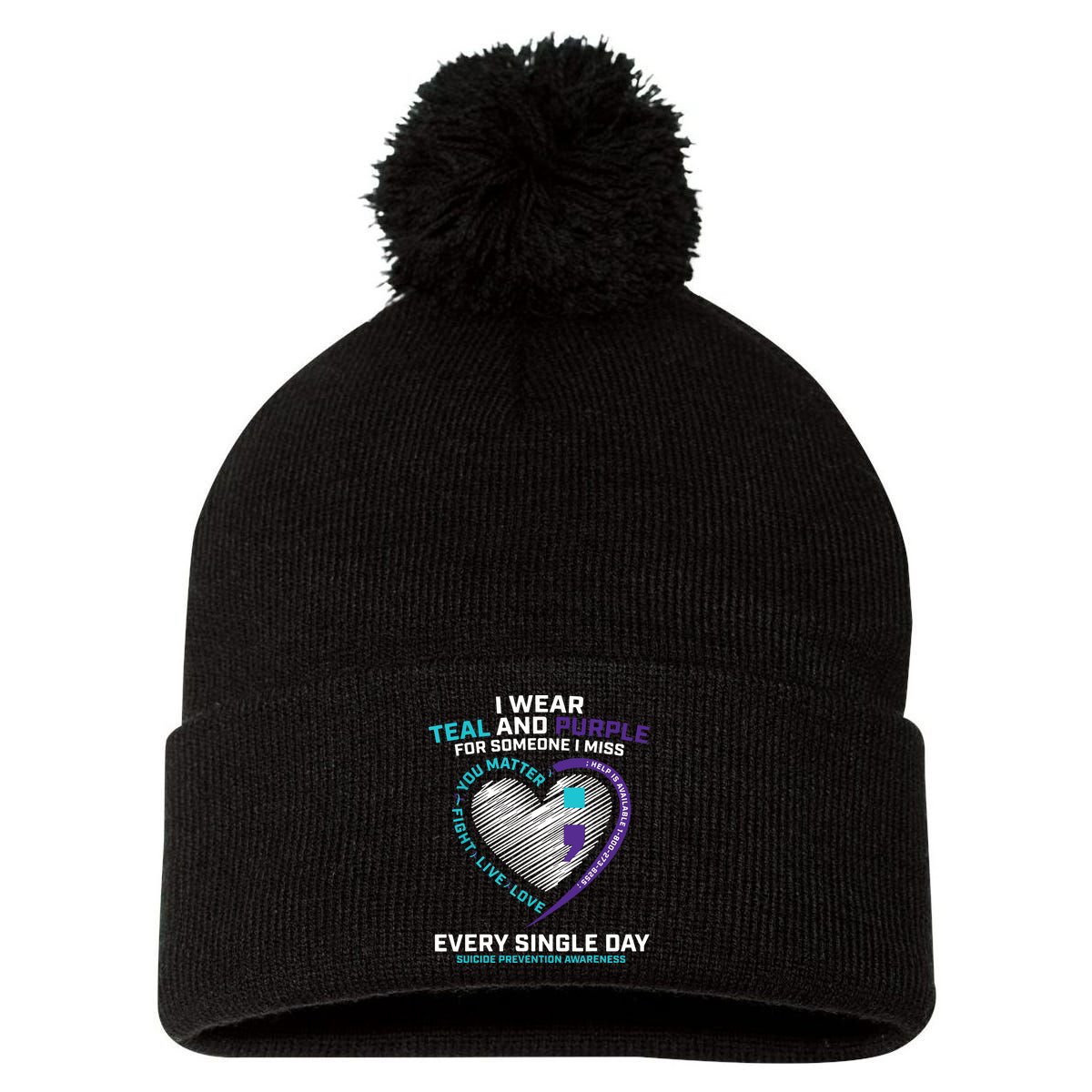 In Loving Memory Semicolon Suicide Prevention Awareness Pom Pom 12in Knit Beanie