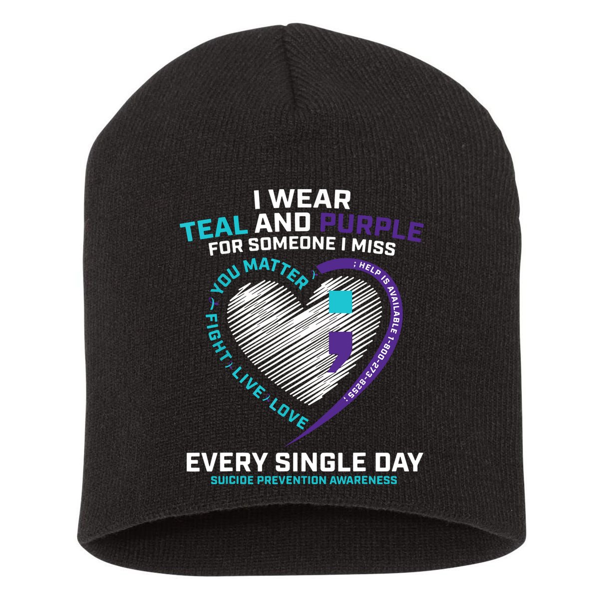 In Loving Memory Semicolon Suicide Prevention Awareness Short Acrylic Beanie