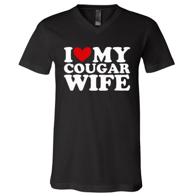 I Love My Cougar Wife I Heart My Cougar Wife Funny Couple V-Neck T-Shirt