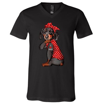 I Love Mom Tattoo Funny Dachshund Dog Wearing Bandana V-Neck T-Shirt