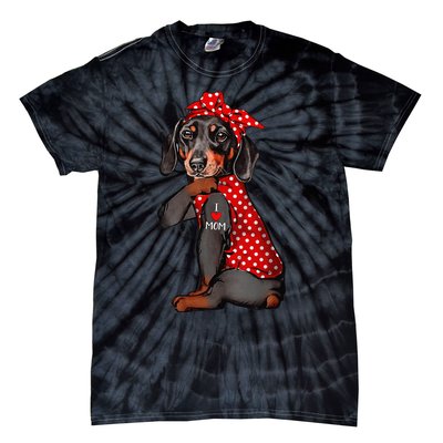 I Love Mom Tattoo Funny Dachshund Dog Wearing Bandana Tie-Dye T-Shirt