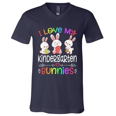 I Love My Kindergarten Bunnies Teacher Easter Day Bunny Egg V-Neck T-Shirt