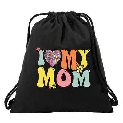 I Love My Mom I Heart My Mom Retro Groovy Mother's day Drawstring Bag