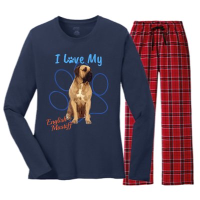 I Love My English Mastiff Best Dog Lover Paw Funny Gift! Women's Long Sleeve Flannel Pajama Set 