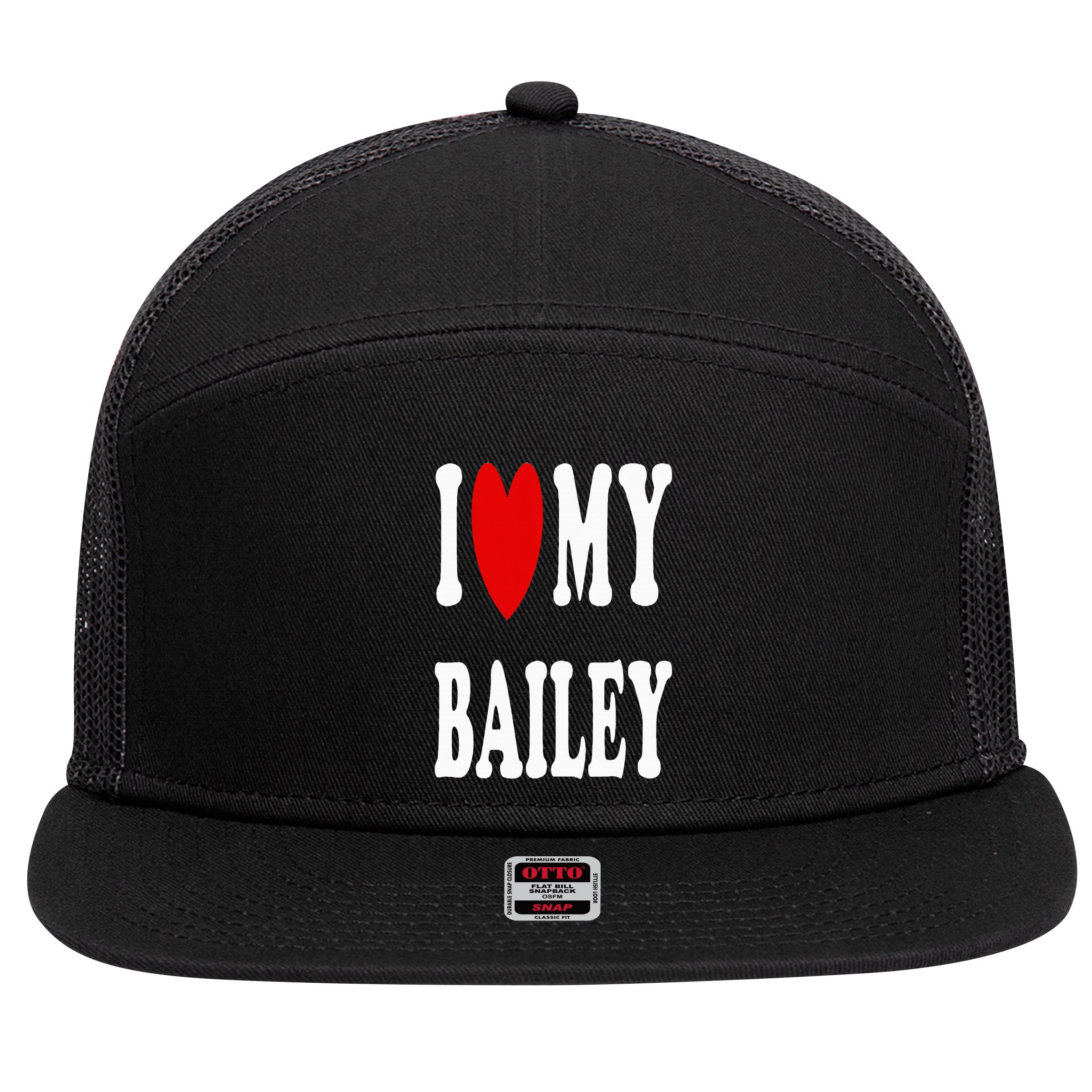 I Love My Bailey I Heart My Bailey 7 Panel Mesh Trucker Snapback Hat