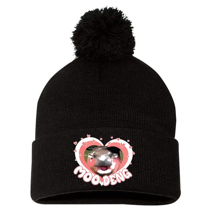 I Love Moo Deng Baby Hippo Moo Deng I Heart Moo Deng Pom Pom 12in Knit Beanie