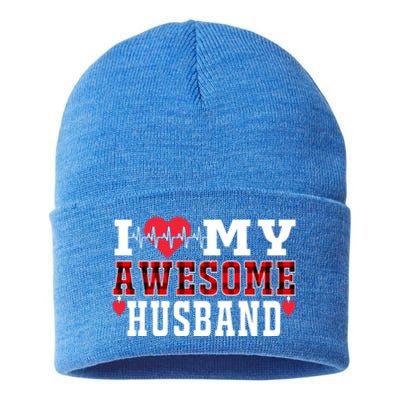 I Love My Awesome Husband Cute Heartbeat Love Valentines Day Gift Sustainable Knit Beanie