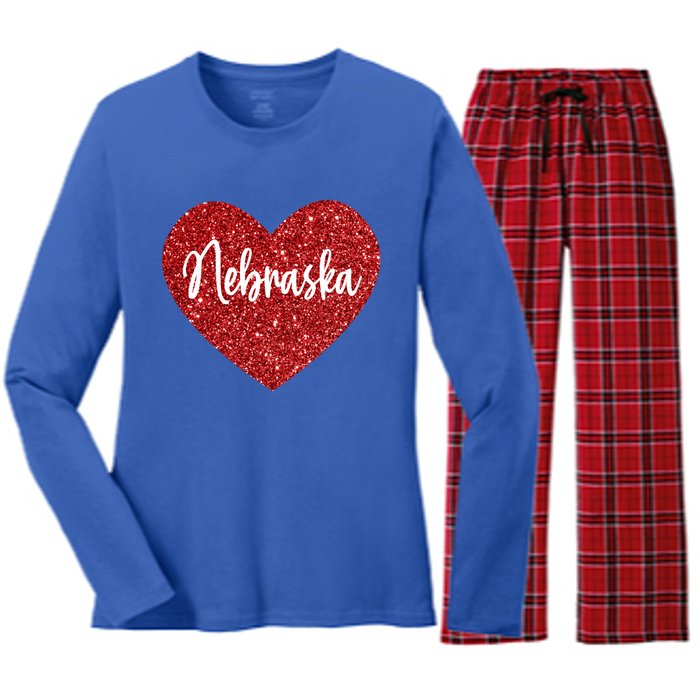 I Love Nebraska Usa Red Heart Cute Gift Women's Long Sleeve Flannel Pajama Set 