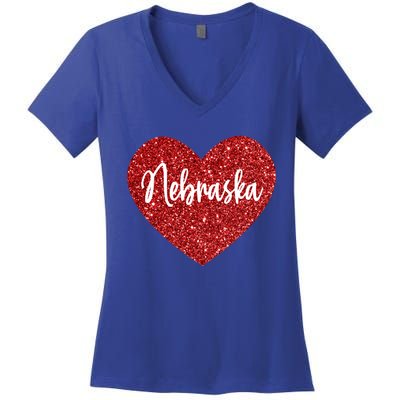 I Love Nebraska Usa Red Heart Cute Gift Women's V-Neck T-Shirt