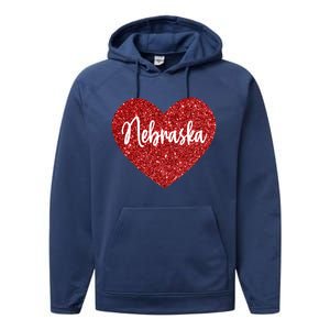 I Love Nebraska Usa Red Heart Gift Performance Fleece Hoodie