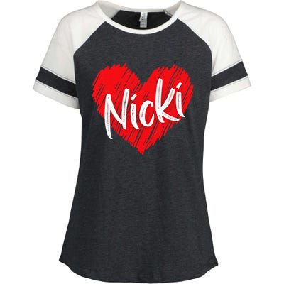 I Love Nicki Heart Personalized Name Nicki Enza Ladies Jersey Colorblock Tee