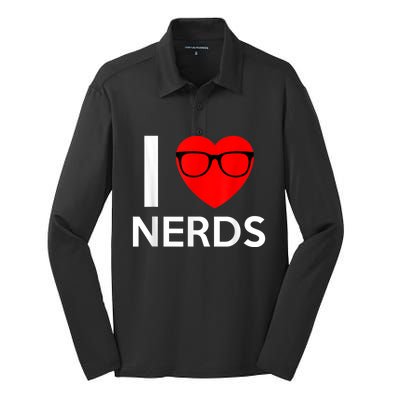 I Love Nerds Glasses Funny Heart Valentines Silk Touch Performance Long Sleeve Polo