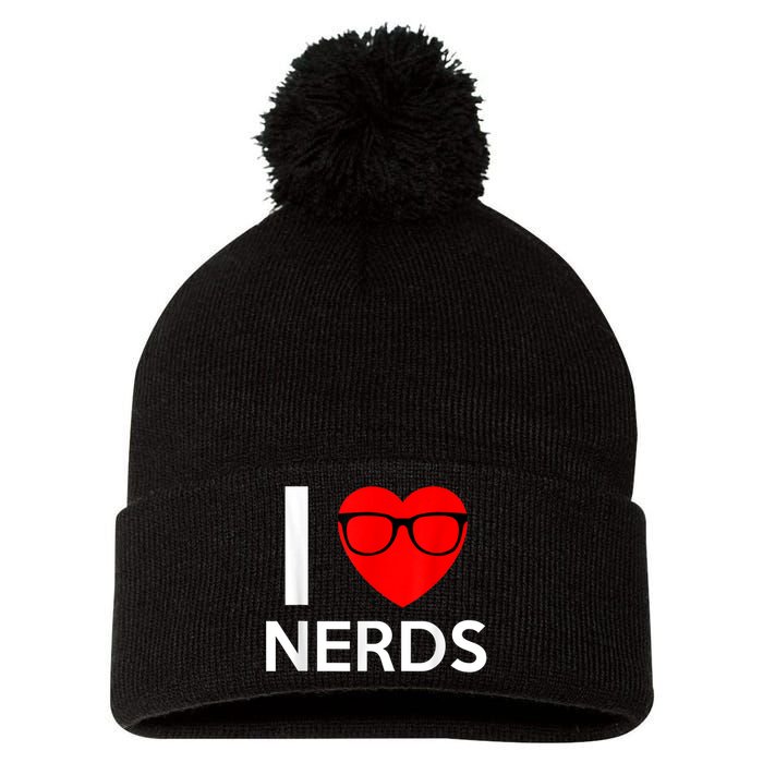 I Love Nerds Glasses Funny Heart Valentines Pom Pom 12in Knit Beanie