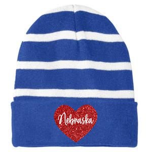 I Love Nebraska Usa Red Heart Gift Striped Beanie with Solid Band