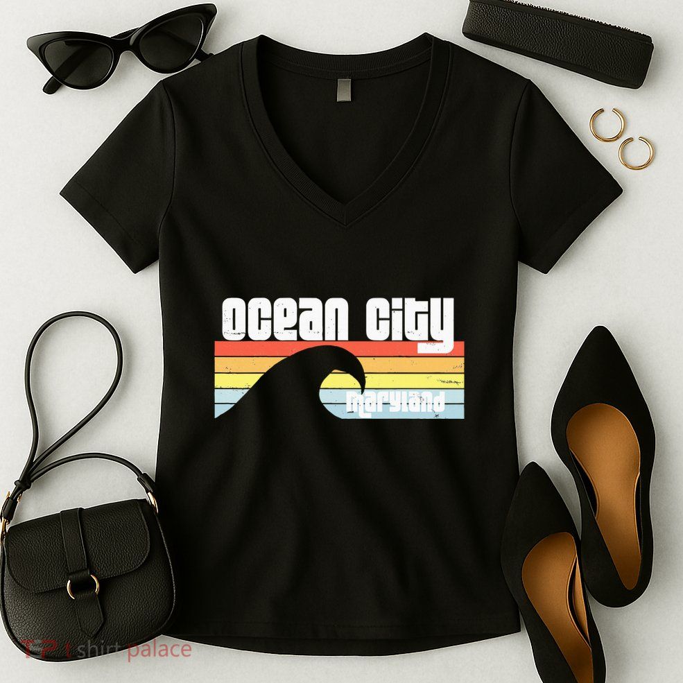 I Love Ocean City Maryland Md Spring Break Beach Ocean Wave Women's V-Neck T-Shirt