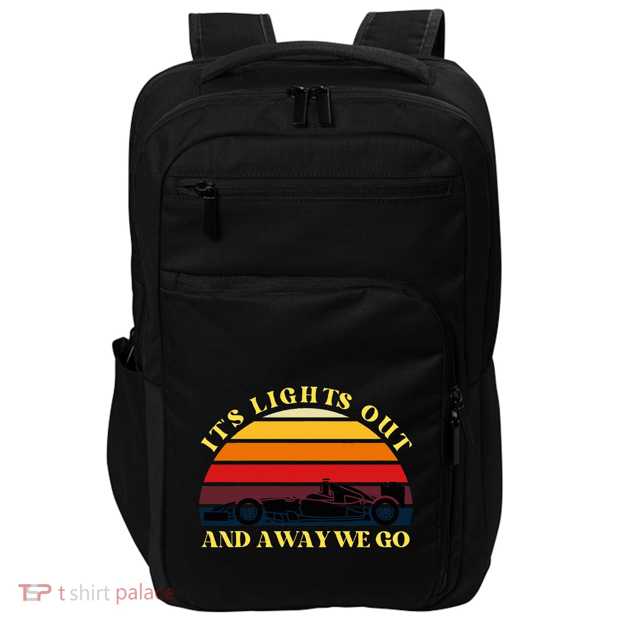 Its Lights Out And Away We Go Retro Sunset Formula Racing Impact Tech Backpack