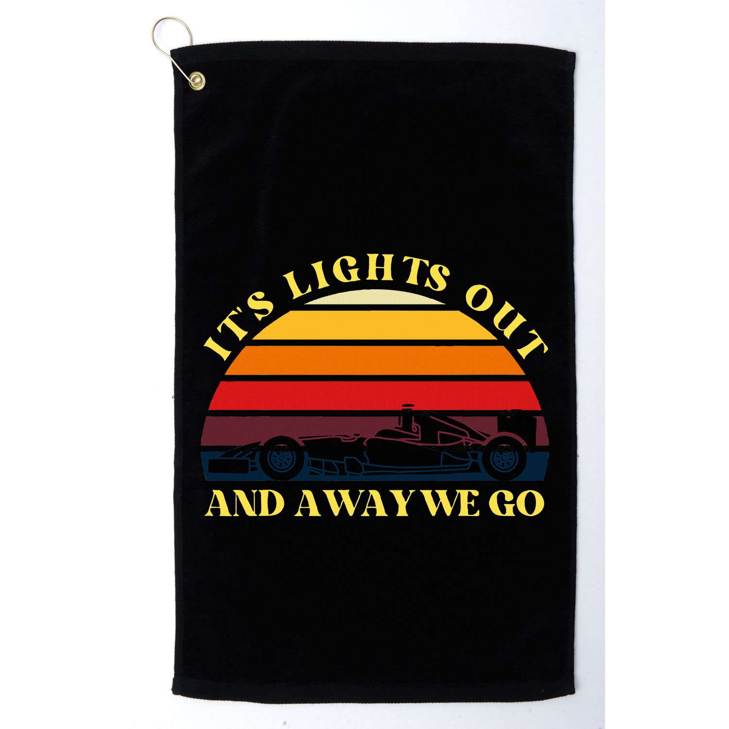 Its Lights Out And Away We Go Retro Sunset Formula Racing Golf Towel