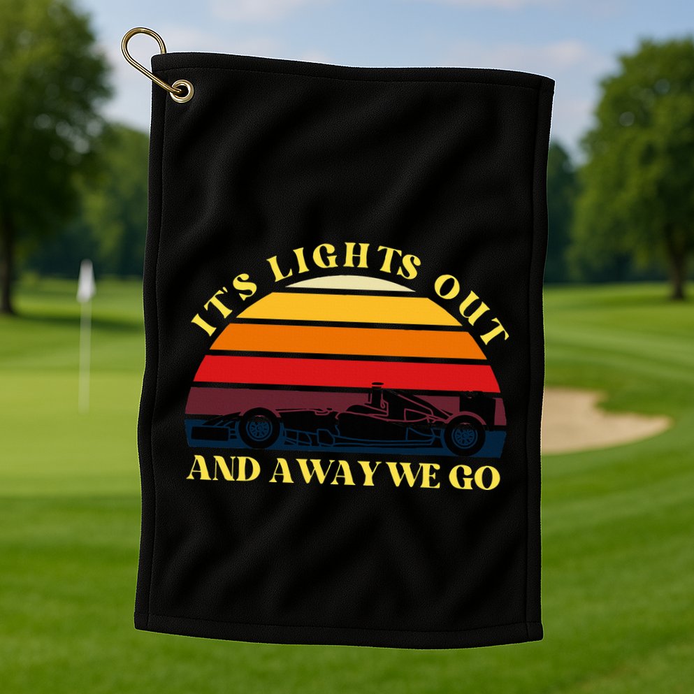 Its Lights Out And Away We Go Retro Sunset Formula Racing Golf Towel