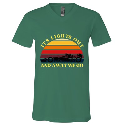 Its Lights Out And Away We Go Retro Sunset Formula Racing V-Neck T-Shirt