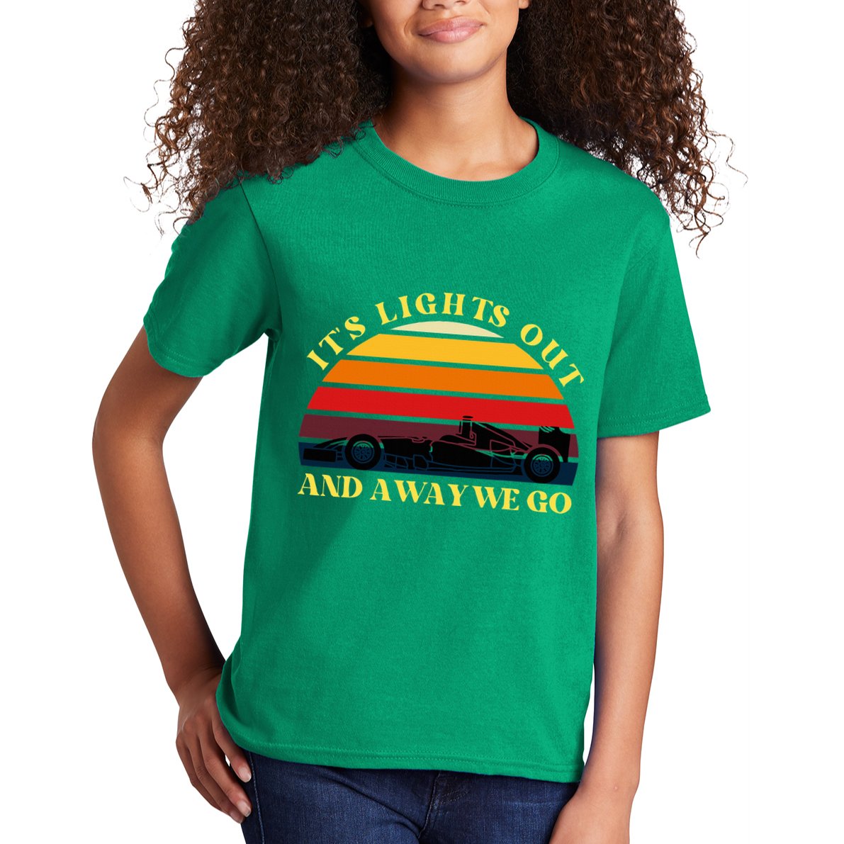 Its Lights Out And Away We Go Retro Sunset Formula Racing Kids T-Shirt