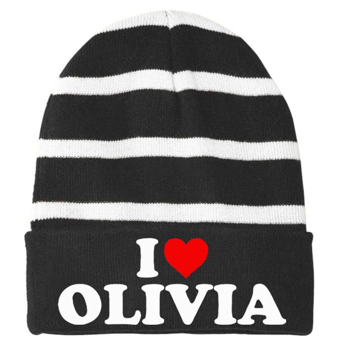 I Love Olivia - Heart  Striped Beanie with Solid Band