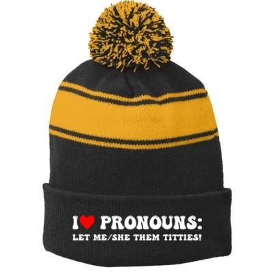 I Love Pronouns Let Me She/Them Titties Funny Saying Stripe Pom Pom Beanie