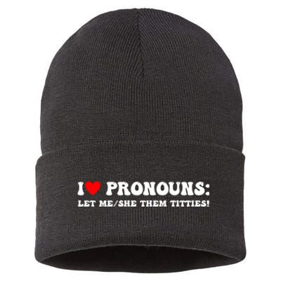 I Love Pronouns Let Me She/Them Titties Funny Saying Sustainable Knit Beanie