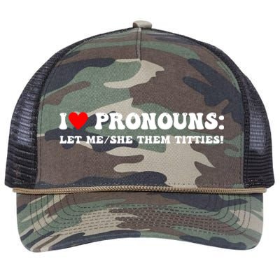 I Love Pronouns Let Me She/Them Titties Funny Saying Retro Rope Trucker Hat Cap