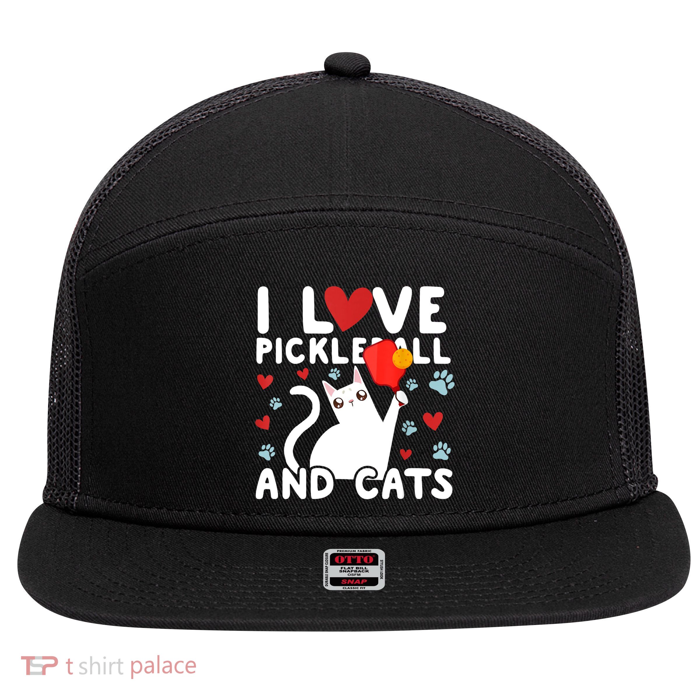 I Love Pickleball & Cats White Cat Fitness Workout Gift TShirt 7 Panel Mesh Trucker Snapback Hat