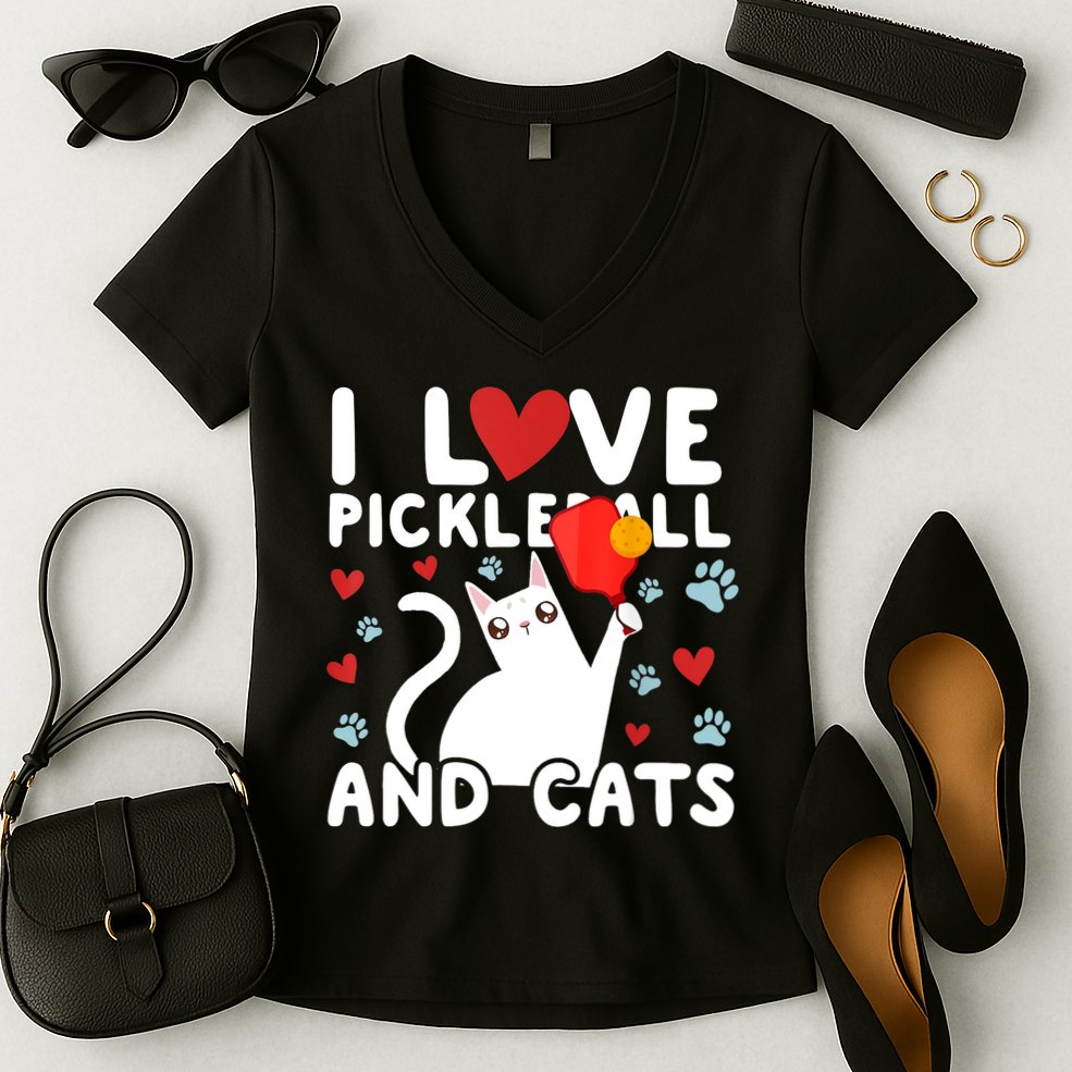 I Love Pickleball & Cats White Cat Fitness Workout Gift TShirt Women's V-Neck T-Shirt
