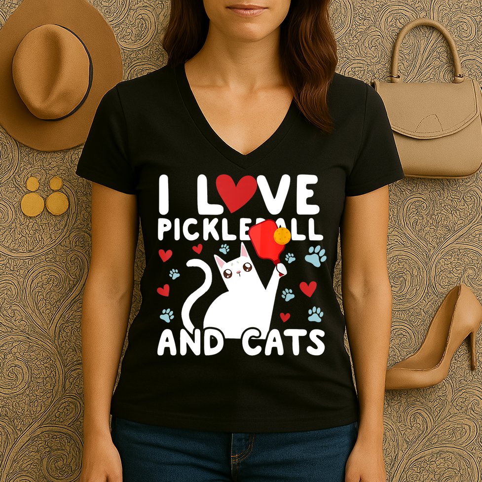 I Love Pickleball & Cats White Cat Fitness Workout Gift TShirt Women's V-Neck T-Shirt