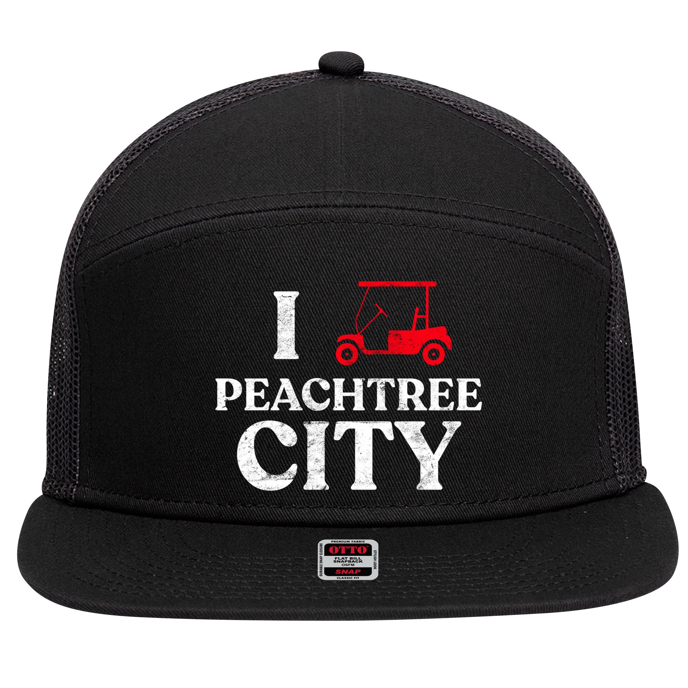 I Love Peachtree City GA Funny Golf Cart State of Georgia 7 Panel Mesh Trucker Snapback Hat