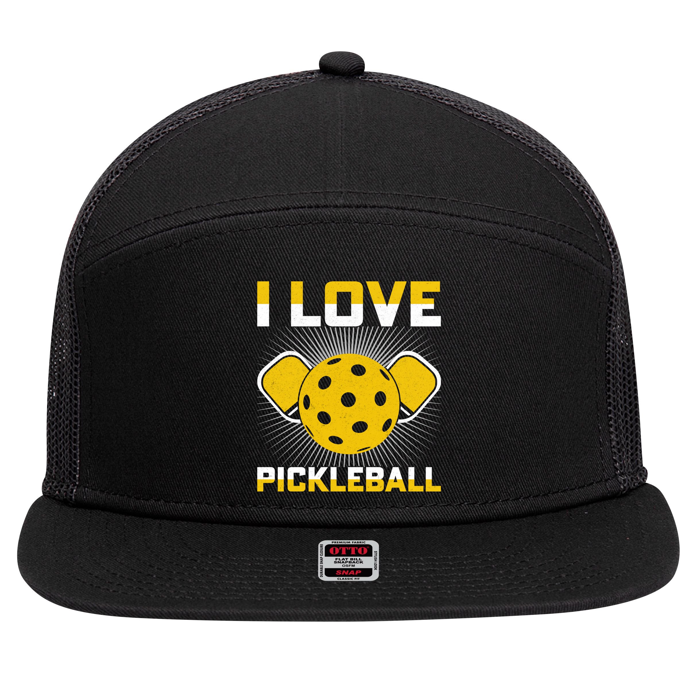 I Love Pickleball Paddle 7 Panel Mesh Trucker Snapback Hat