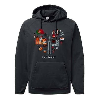 I Love Portugal Lisbon Map Iconic Traditional Souvenir Gift Performance Fleece Hoodie