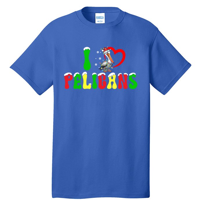 I Love Pelicans Funny Christmas Santa Hat Lights Snowflakes Cool Gift Tall T-Shirt