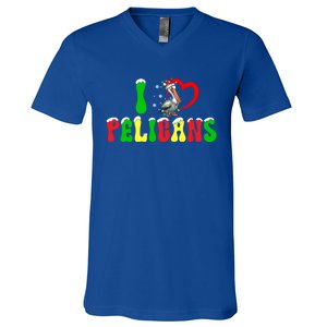 I Love Pelicans Funny Christmas Santa Hat Lights Snowflakes Cool Gift V-Neck T-Shirt