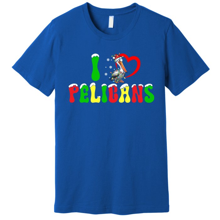 I Love Pelicans Funny Christmas Santa Hat Lights Snowflakes Cool Gift Premium T-Shirt