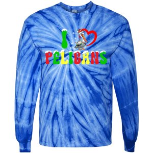 I Love Pelicans Funny Christmas Santa Hat Lights Snowflakes Cool Gift Tie-Dye Long Sleeve Shirt