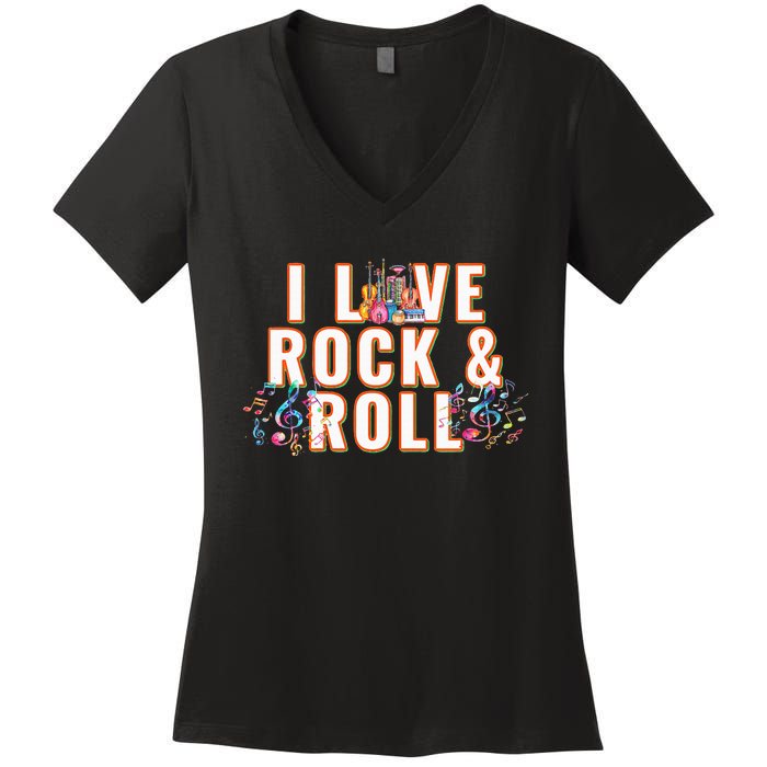 I Love Rock & Roll Music Musical Instrument Retro Vintage Women's V-Neck T-Shirt