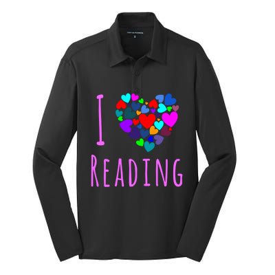 I Love Reading Gift Funny Gift Heart Love Books Reading Club Silk Touch Performance Long Sleeve Polo