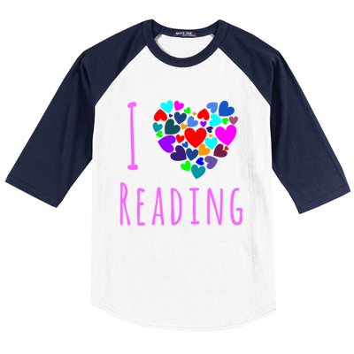 I Love Reading Gift Funny Gift Heart Love Books Reading Club Baseball Sleeve Shirt