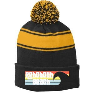 I Love Rehoboth Beach Delaware De Atlantic Wave Stripe Pom Pom Beanie