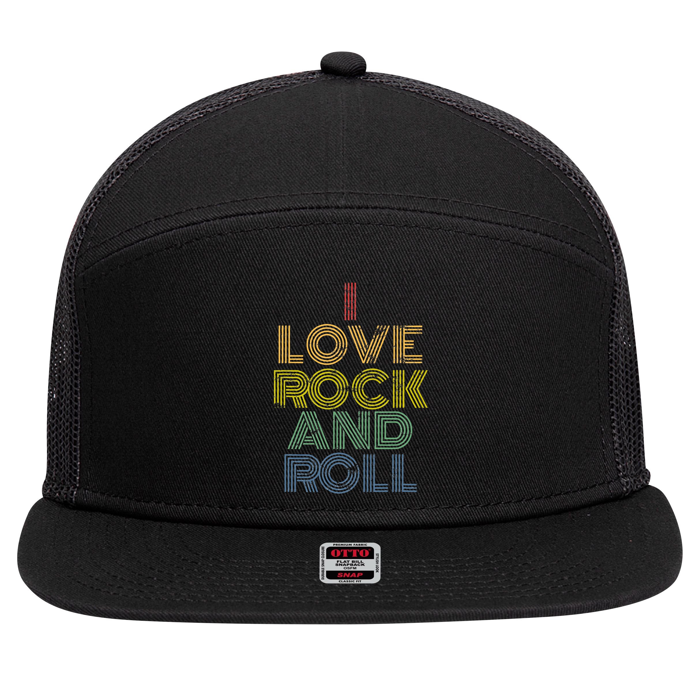 I Love Rock And Roll Distressed Rainbow 70s 7 Panel Mesh Trucker Snapback Hat