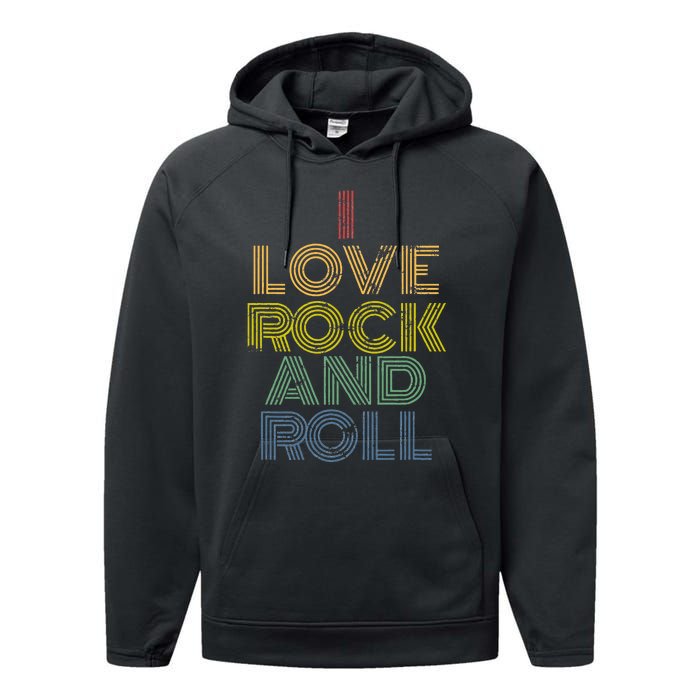 I Love Rock And Roll Distressed Rainbow 70s Performance Fleece Hoodie