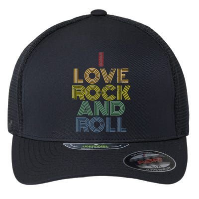 I Love Rock And Roll Distressed Rainbow 70s Flexfit Unipanel Trucker Cap