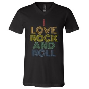 I Love Rock And Roll Distressed Rainbow 70s V-Neck T-Shirt