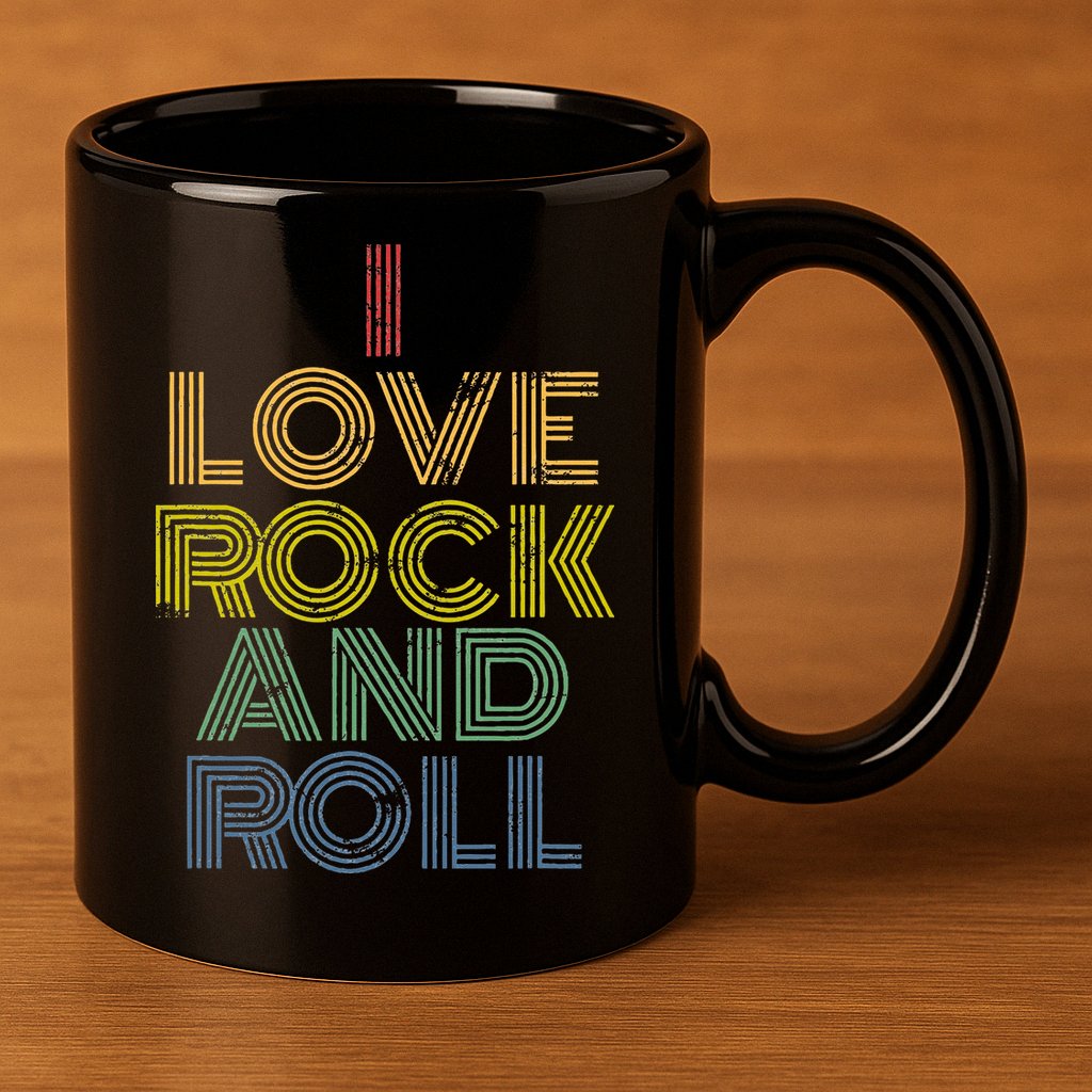 I Love Rock And Roll Distressed Rainbow 70s 11oz C Handle Ceramic Mug