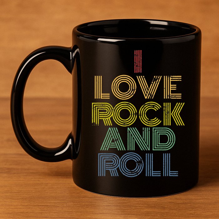 I Love Rock And Roll Distressed Rainbow 70s 11oz C Handle Ceramic Mug