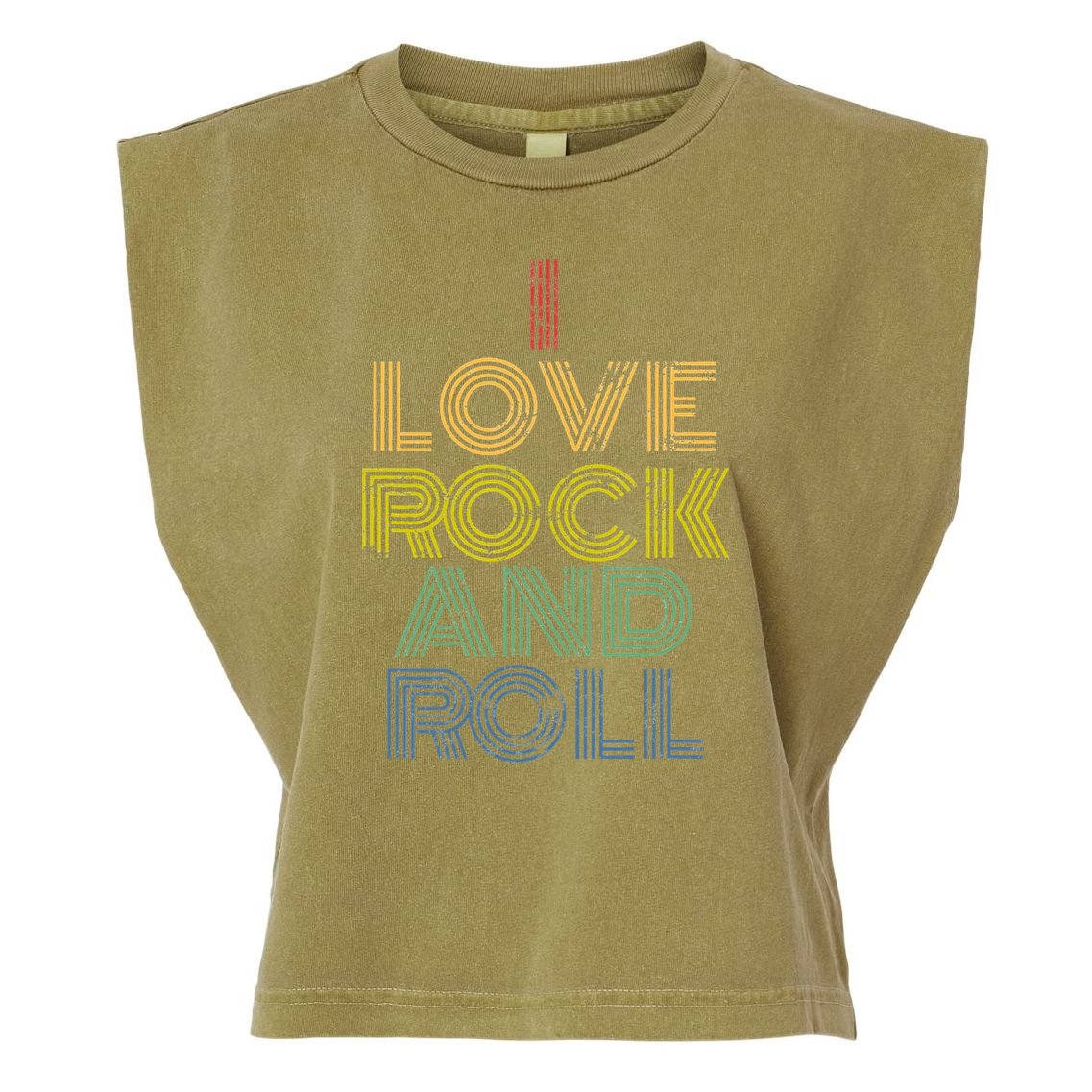 I Love Rock And Roll Distressed Rainbow 70s Garment-Dyed Women's Muscle Tee